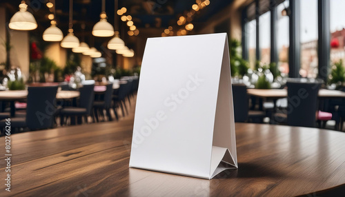 Wallpaper Mural Three-Dimensional Blank Table Tent Mockup for Eatery Menu, blurred restaurant background Torontodigital.ca