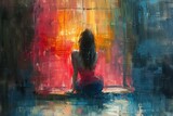 Young woman sitting in lotus position on the background of oil painting