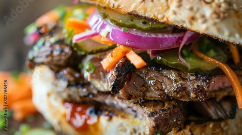 A close-up of a grilled pork neck sandwich with pickled vegetables and spicy mayo, bursting with flavor.