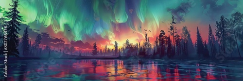a stunning aurora illuminates the night sky above a serene body of water, framed by a row of tall t