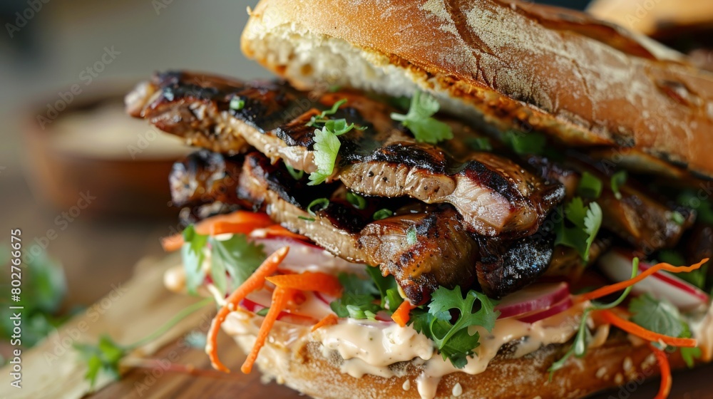 A close-up of a grilled pork neck sandwich with pickled vegetables and spicy mayo, bursting with flavor. A close-up of a grilled pork neck sandwich with pickled vegetables and spicy mayo, bursting with flavor.