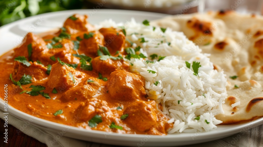 A close-up of a mouthwatering plate of aromatic chicken tikka masala, served with fluffy basmati rice and warm naan bread. A close-up of a mouthwatering plate of aromatic chicken tikka masala, served with fluffy basmati rice and warm naan bread.