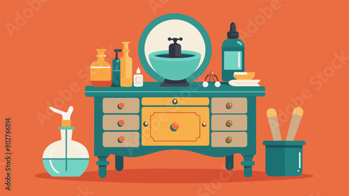A vintage vanity table transformed into a charming apothecary corner complete with a collection of antique apothecary bottles a ceramic mortar and.