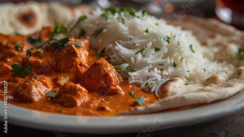 A close-up of a mouthwatering plate of aromatic chicken tikka masala, served with fluffy basmati rice and warm naan bread.