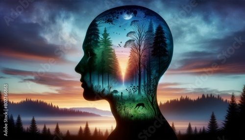 A surreal portrait of an androgynous humanoid character, whose silhouette is filled with a detailed forest scene. photo