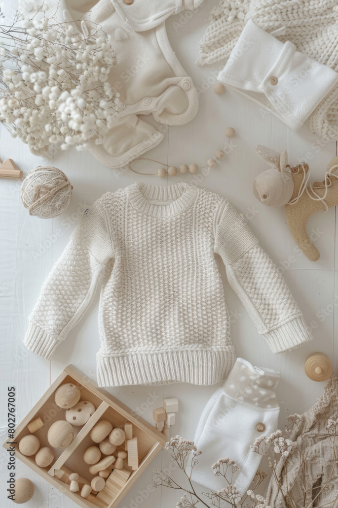 Gender-neutral baby clothes and wooden toys presented in an aesthetically pleasing flat lay arrangement. Gender-neutral baby clothes and wooden toys presented in an aesthetically pleasing flat lay arrangement.