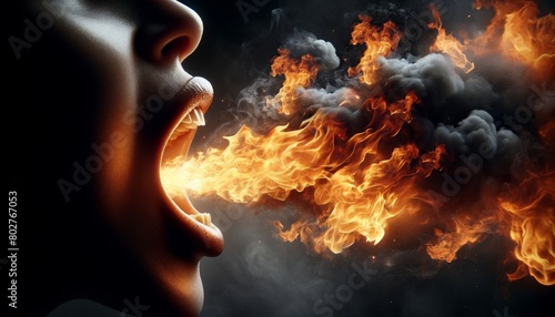 An open mouth spewing flames and smoke in a close-up, capturing the intensity of fire. photo