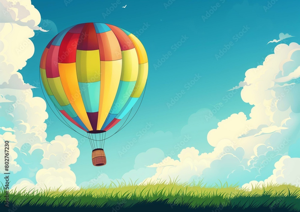 Obraz premium Colorful Hot Air Balloon Soaring in Vibrant Blue Sky with Clouds