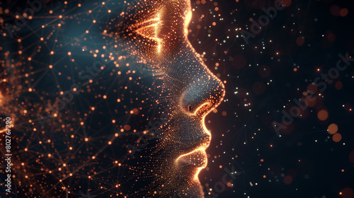 Digital Human Face in Network Particles. A digital mesh forms a human face profile, showcasing a complex network of interconnected points and lines, evoking concepts of artificial intel #802767290