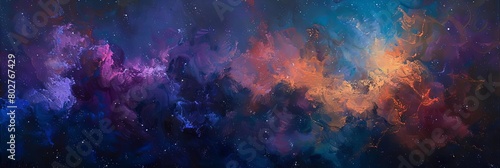 a space - themed painting featuring a planet, stars, and a distant galaxy