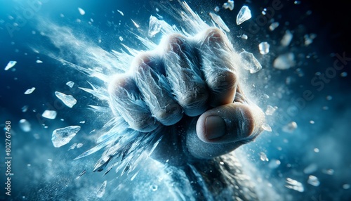 A fist encased in ice, striking forward with shards and frost mist swirling around in a dynamic close-up. photo