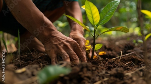 A close-up of hands gently placing a sapling into the earth, contributing to the restoration of a deforested area.