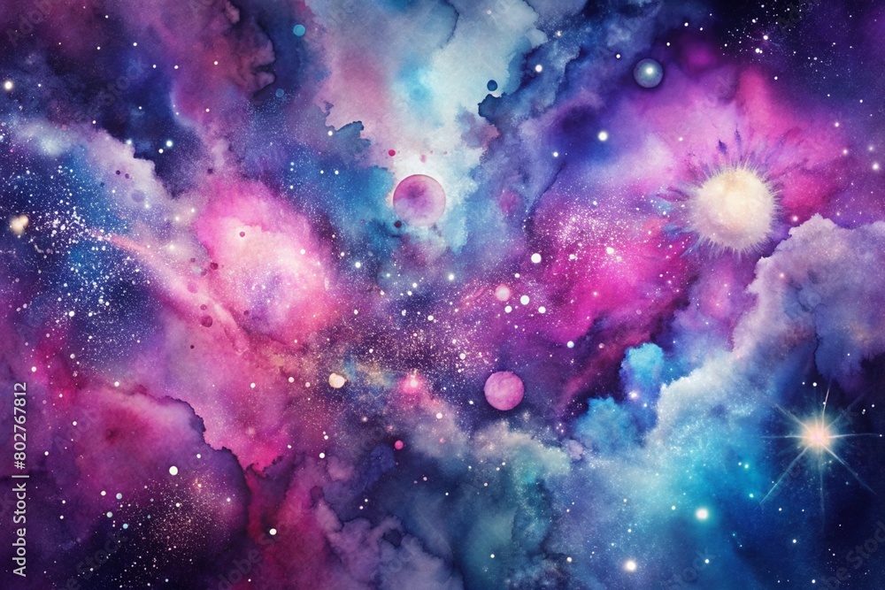 Galactic Spatter: Cosmic-inspired splatters of purples, blues, and pinks merging together, resembling a celestial scene of stars and galaxies.
