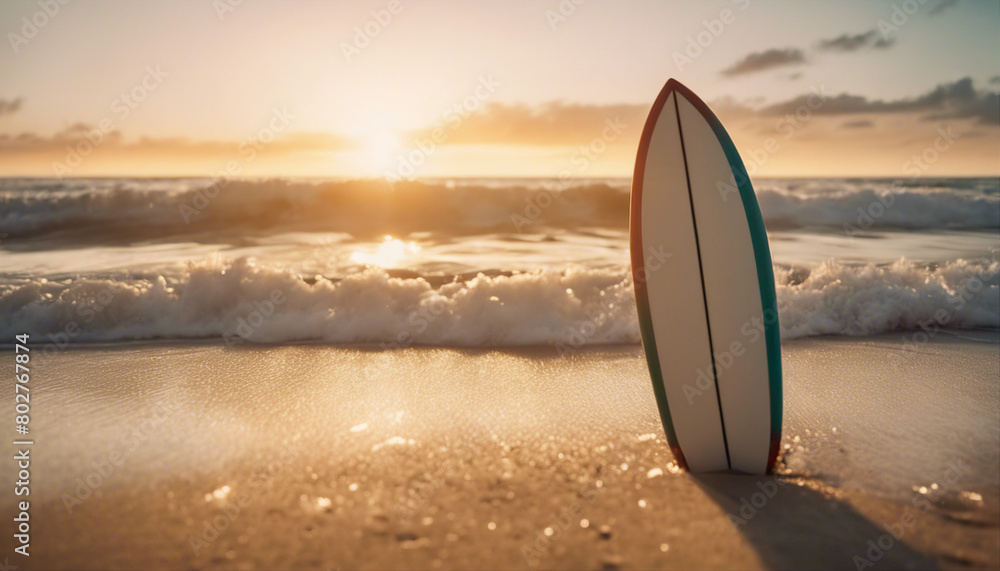 urfboard stuck in the sand on the beach with a vertical view of the sunset
urfboard stuck in the sand on the beach with a vertical view of the sunset