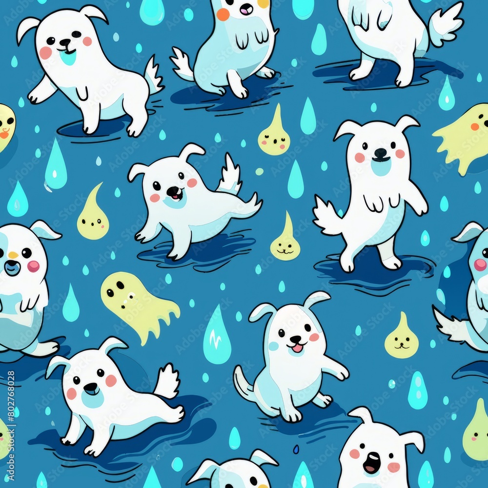 Seamless pattern of friendly ghost puppies splashing in puddles, Generative AI
