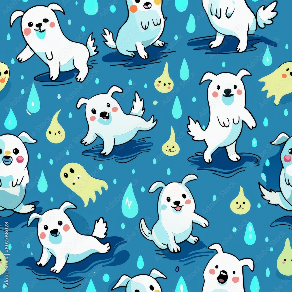 Seamless pattern of friendly ghost puppies splashing in puddles, Generative AI Seamless pattern of friendly ghost puppies splashing in puddles, Generative AI