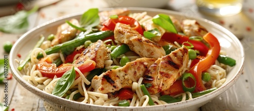 Bowl of noodles with chicken breast, green beans, and bell pepper