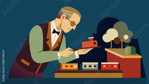 An antique toy collector carefully examining each detail on a vintage train set before making a purchase.. Vector illustration