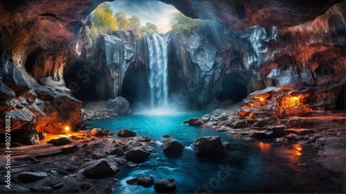 洞窟にある滝の風景,Generative AI AI画像 © beeboys