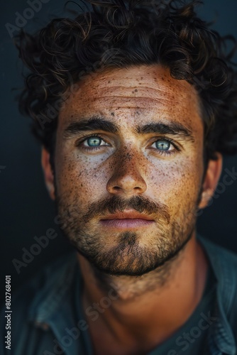 Portrait of a handsome young man with curly hair and beard