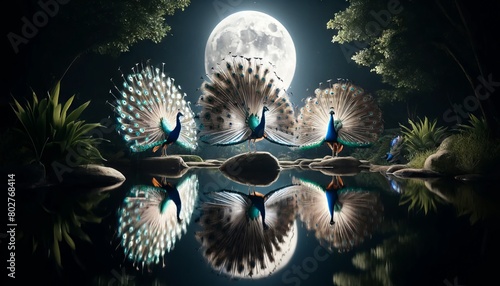 A trio of peacocks with their feathers fanned out, standing beside a reflective pond in a moonlit garden. photo