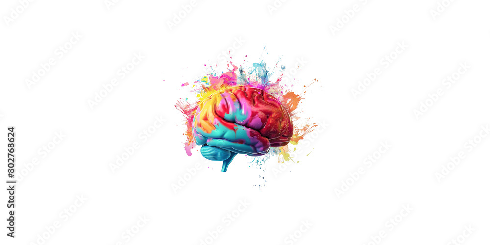 Fototapeta premium A colorful brain with paint splashes, white background