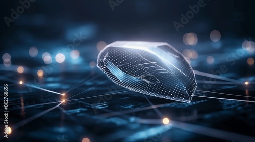 A sleek, metallic shield emanating digital waves, floating over a network of interconnected, glowing nodes, symbolizing advanced cyber security measures protecting data flow.  photo