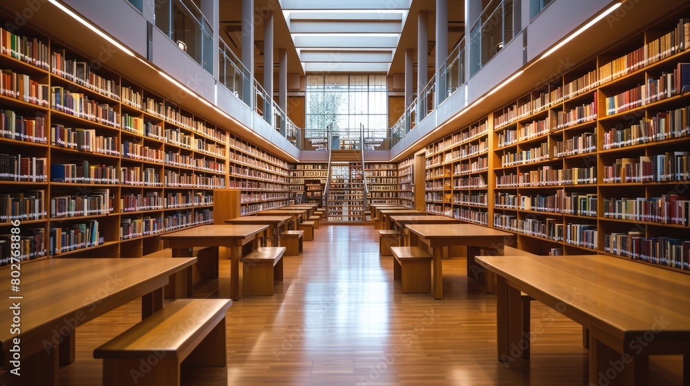 Modern library interior with rows of books, large windows, and tranquil study atmosphere. Resplendent.