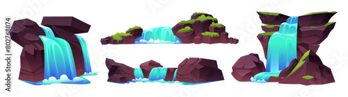 Rocky waterfalls set isolated on white background. Vector cartoon illustration of river water flowing down stone cascade, green grass growing on hill, tropical forest, jungle park design elements
