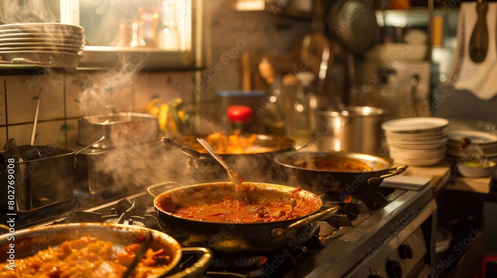 A cozy kitchen scene with pots of simmering razala curry on the stove, filling the air with the enticing aroma of Indian spices. A cozy kitchen scene with pots of simmering razala curry on the stove, filling the air with the enticing aroma of Indian spices.