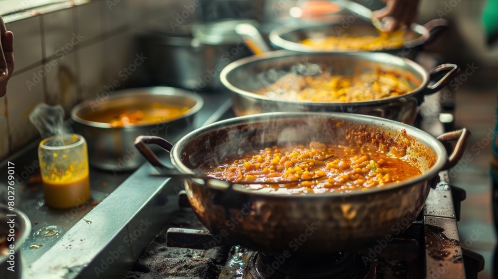 Fototapeta premium A cozy kitchen scene with pots of simmering razala curry on the stove, filling the air with the enticing aroma of Indian spices.