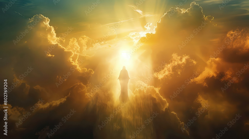 A spiritual concept of Jesus Christ's ascension, depicted in a heavenly atmosphere.