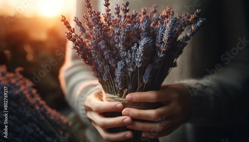 A close-up of a person holding a bunch of dried lavender, matching the rustic feel. photo