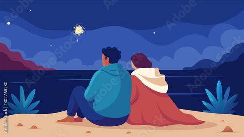 A couple sitting on the shore wrapped in a cozy blanket holding each other close and enjoying the romantic ambiance of the beach party fireworks.. Vector illustration