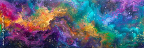 a colorful abstract painting featuring a red  yellow  green  blue  and purple color scheme
