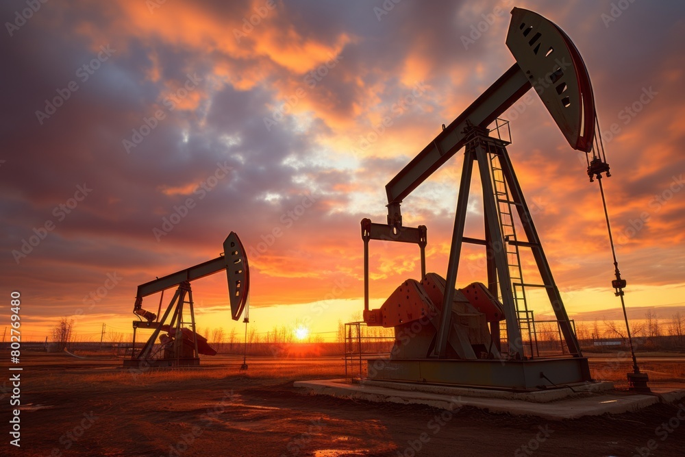 A Oil drilling machine in the desert, Industry, energy industry, gas station at sunset