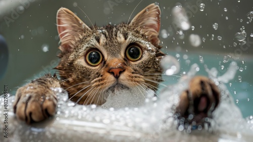 A curious cat dipping its paw into a bubbling bath, eyes wide with wonder.