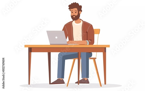 Relaxed man sitting in chair with hand on head with laptop and coffee vector. Flat vector illustration 