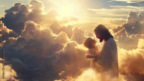 A heartwarming scene of Jesus Christ and a child surrounded by clouds, radiating peace and hope. 