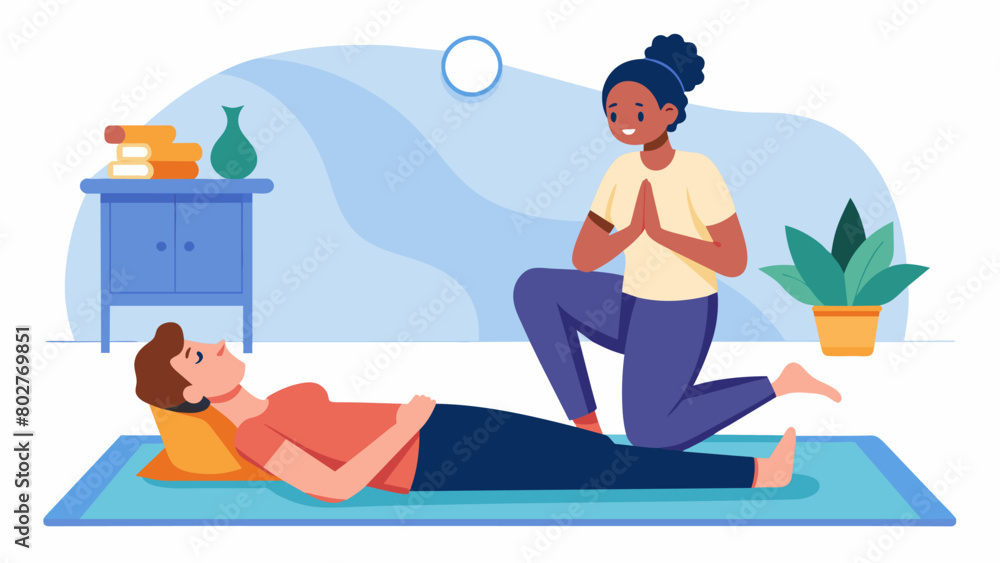 A person lying on a yoga mat discussing their emotions and struggles with a the in a calming studio space.. Vector illustration A person lying on a yoga mat discussing their emotions and struggles with a the in a calming studio space.. Vector illustration