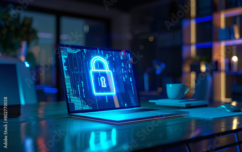 Illustration of padlock on the screen of laptop that is on the table. Concept of protecting personal data and devices from exploits photo