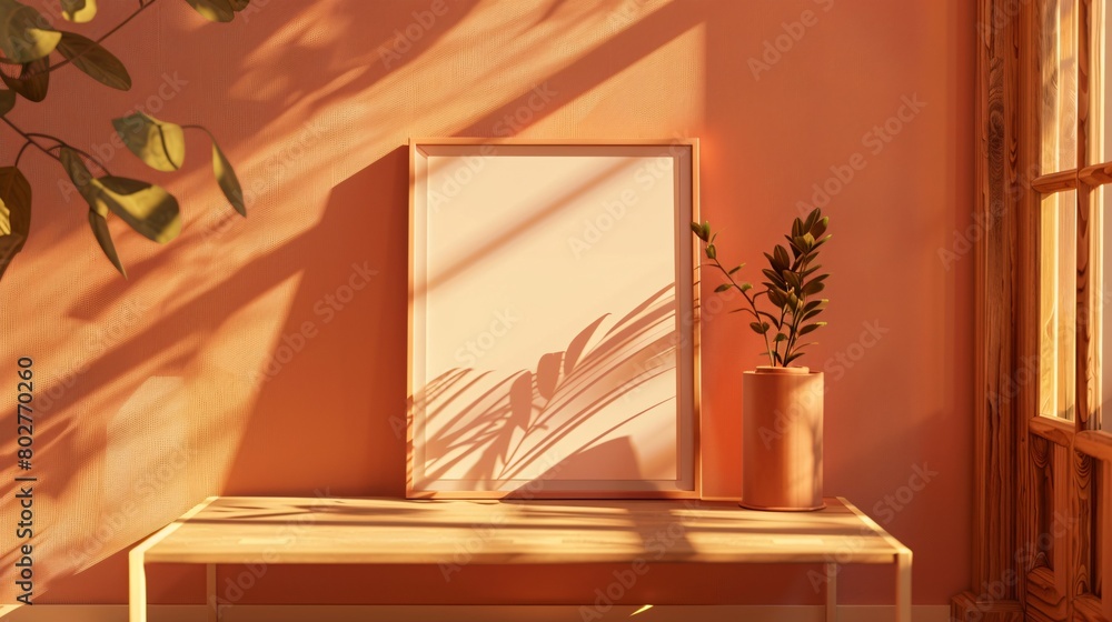 Elegant frame mockup artwork resting on a wooden coffee table, illuminated by sunlight in a cozy living space. frame mockup. Elegant frame mockup artwork resting on a wooden coffee table, illuminated by sunlight in a cozy living space. frame mockup.