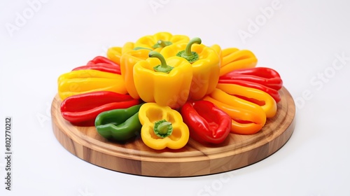 Whole and sliced colorful peppers on wooden plate isolated on white background.