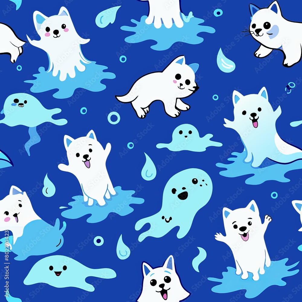 Seamless pattern of friendly ghost puppies splashing in puddles, Generative AI