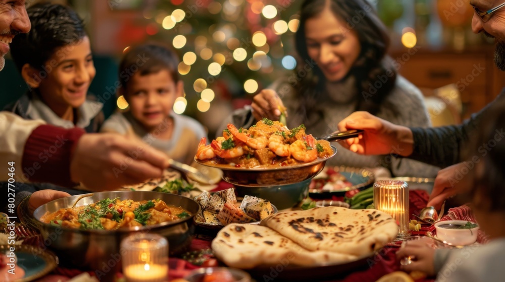 A family gathered around a festive table, eagerly scooping up servings of aromatic prawn razala with fluffy naan bread