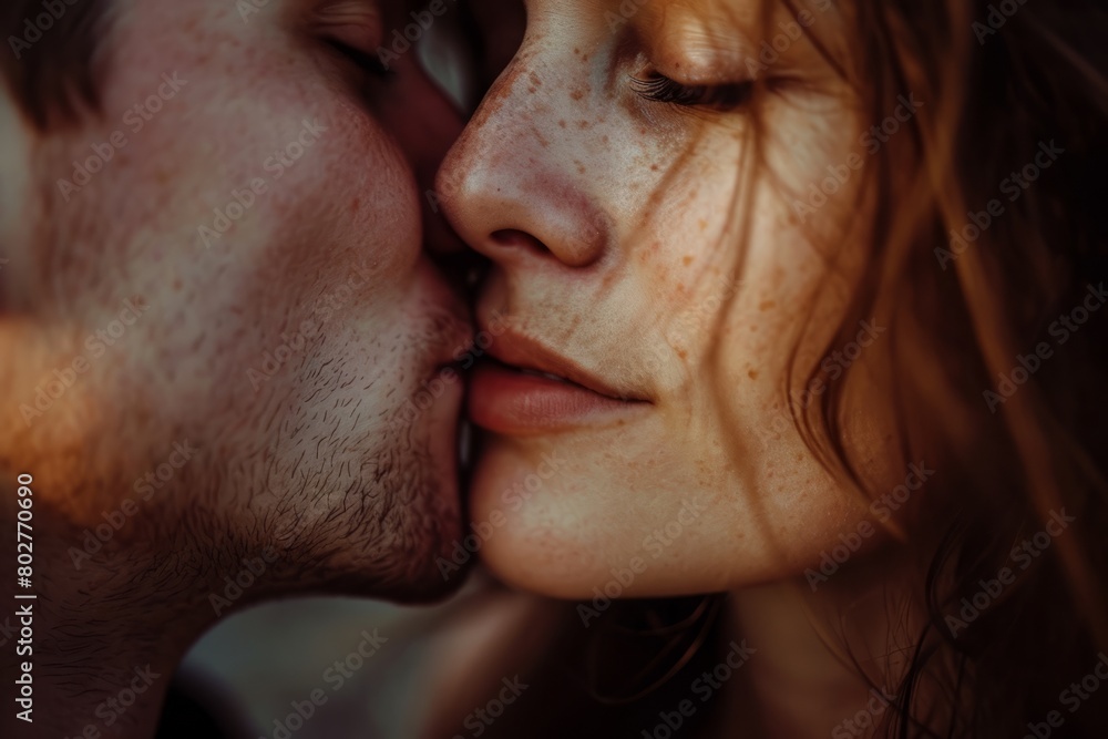 Obraz premium A close-up shot capturing the intimate moment of a man kissing a woman. Perfect for romantic themes and expressions of love