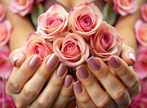 woman hands with rose flowers. spring colorful photo