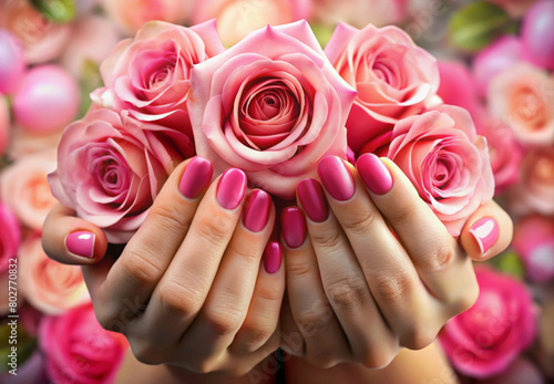 female hands with rose flowers. spring colorful photo