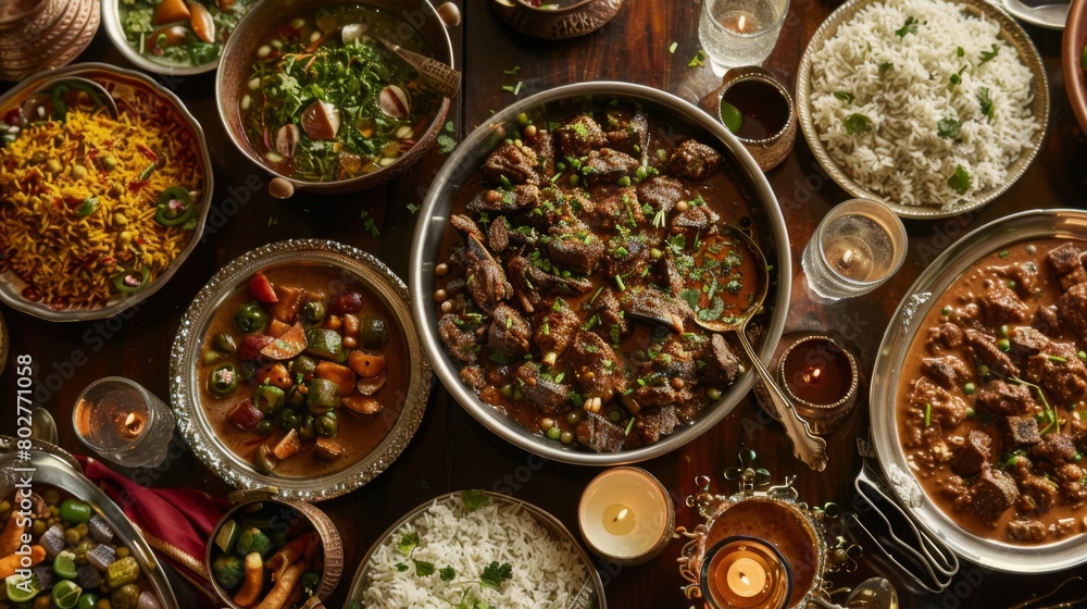 A festive celebration with a table laden with trays of fragrant lamb and vegetable razala, inviting guests to indulge in Indian flavors. A festive celebration with a table laden with trays of fragrant lamb and vegetable razala, inviting guests to indulge in Indian flavors.