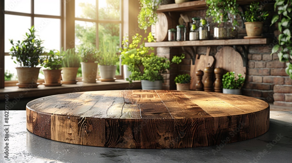 Naklejka premium Blank, attractive circular timber surface in pristine and illuminated culinary setting Ideal for showcasing Product montage banner.